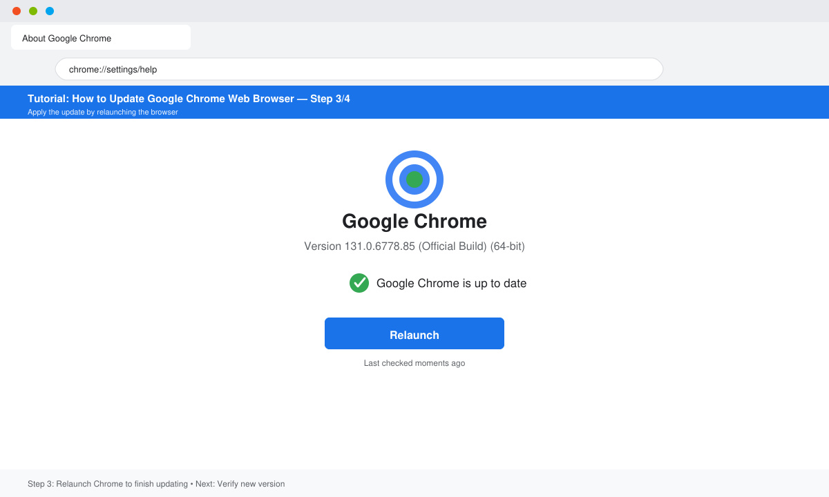 Chrome About page showing the update installed message and Relaunch button