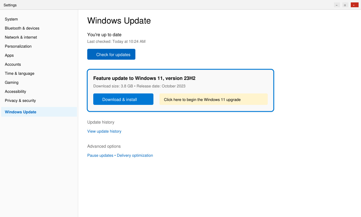 Screenshot of Windows Update settings page with the Windows 11 option highlighted