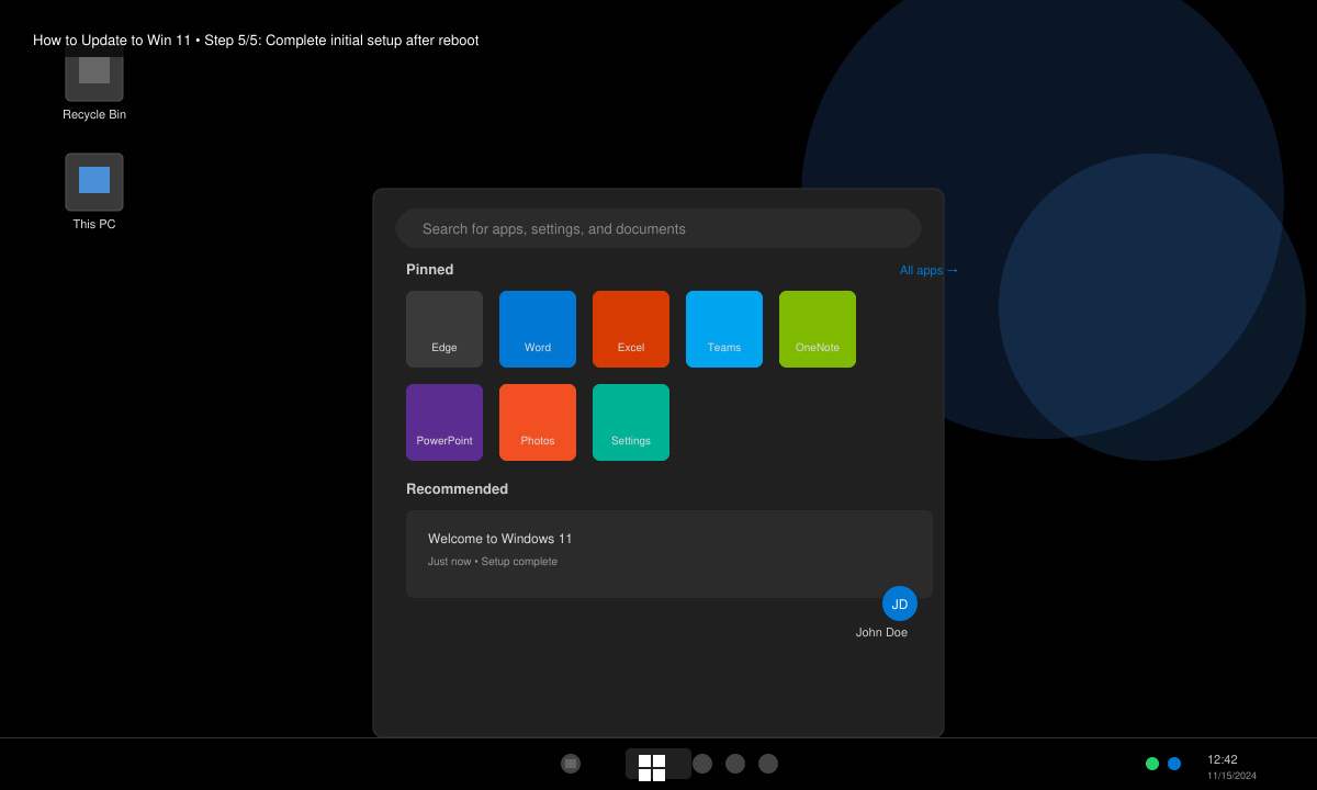 Final Windows 11 desktop after successful upgrade showing Start menu and taskbar