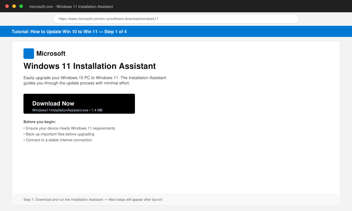 Close-up of the Windows 11 Installation Assistant download page with the blue download button highlighted