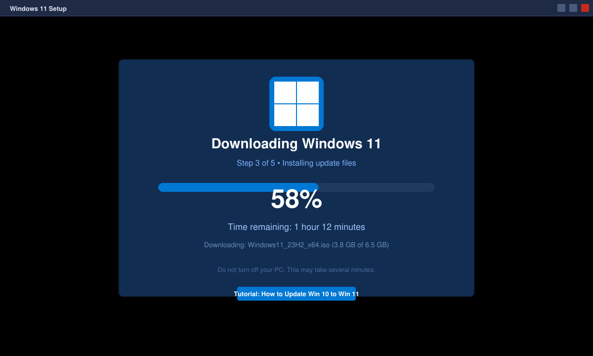 Progress screen of the Windows 11 upgrade showing percentage complete and estimated time remaining
