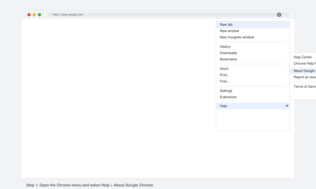Chrome menu open with Help and About Google Chrome highlighted