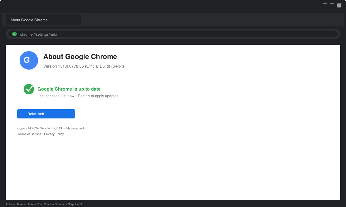 Chrome about page confirming successful update to latest version