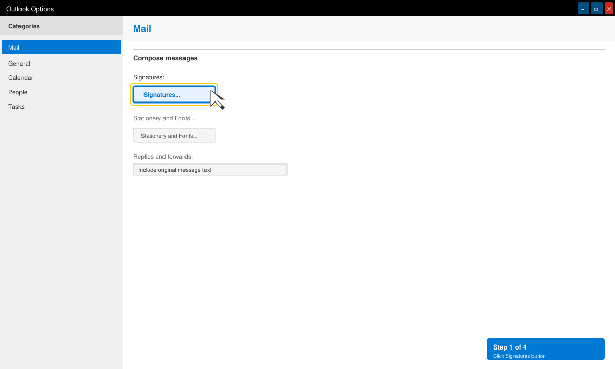 Screenshot of Outlook Options window with Mail selected and the Signatures button highlighted
