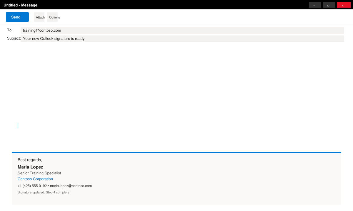 Outlook new email compose window showing the updated professional signature at the bottom of the message