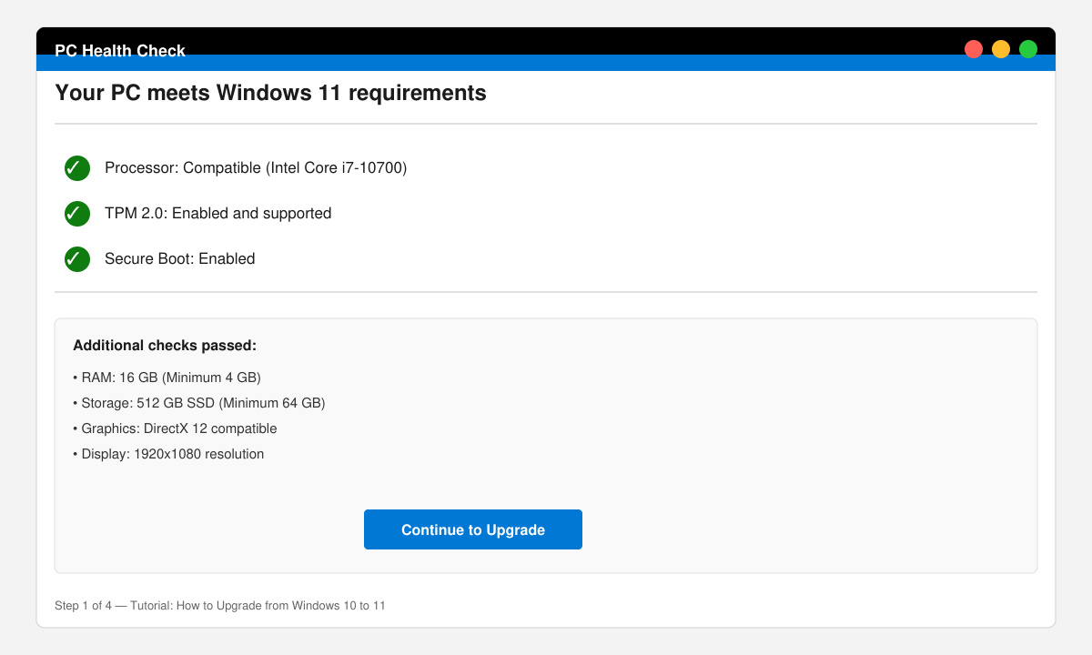 PC Health Check app window displaying green checkmarks for all system requirements