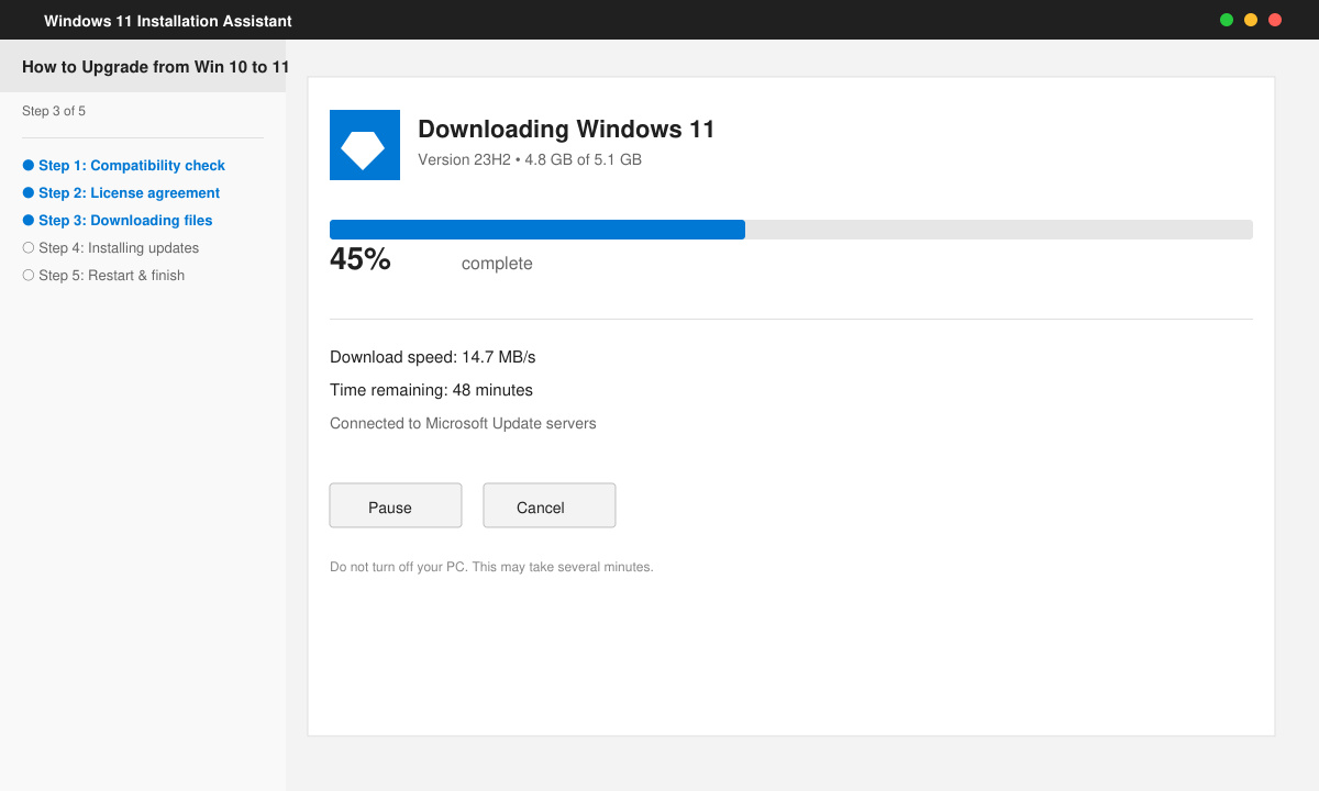 Installation Assistant progress screen showing download percentage and estimated time remaining