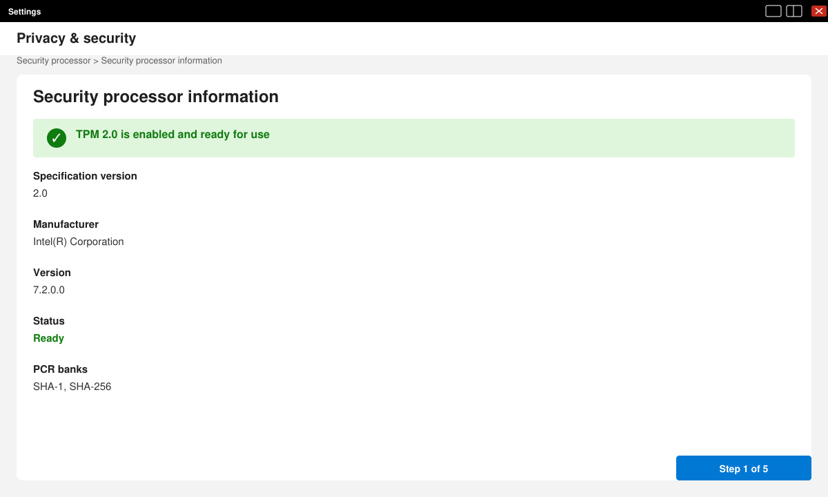 Windows Settings showing the TPM 2.0 status enabled in the Security processor details screen
