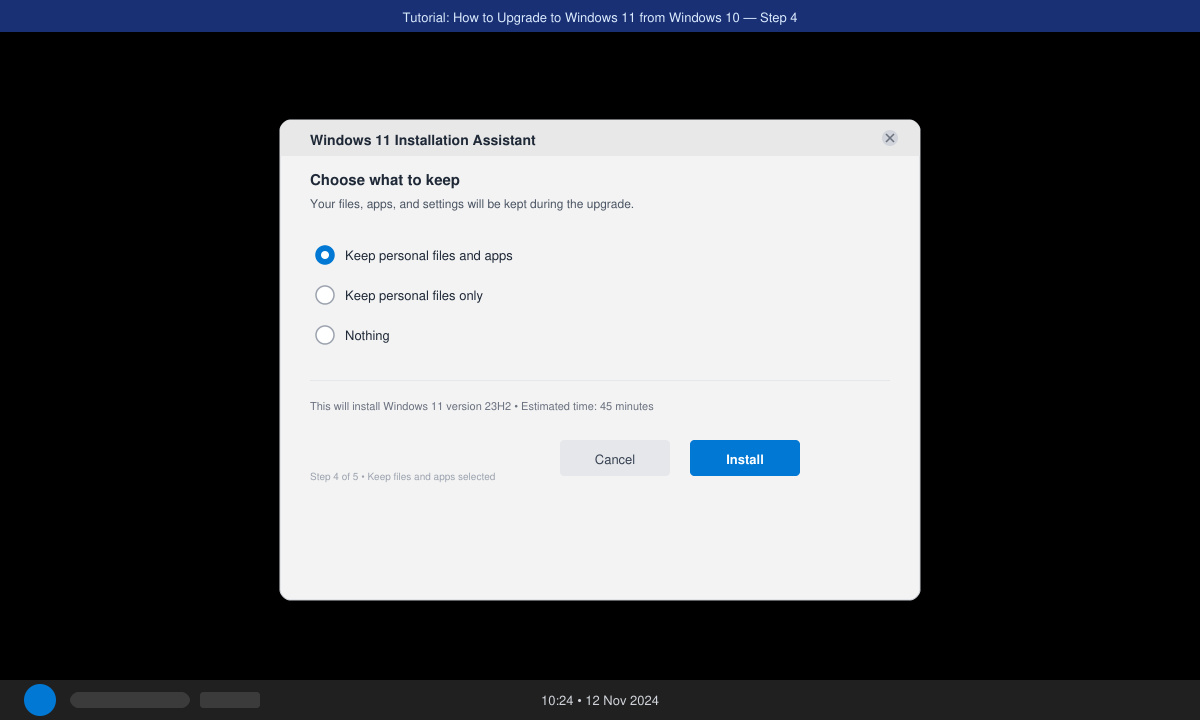 Installation Assistant window showing the “Keep personal files and apps” option selected with the Install button highlighted