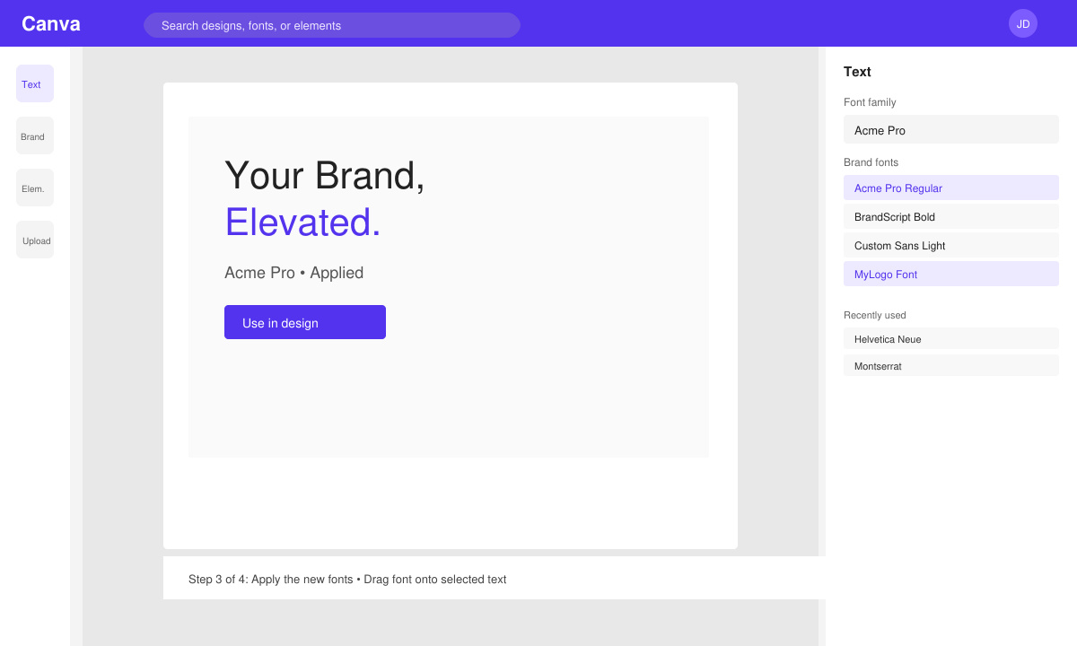 Design editor view with newly uploaded fonts available in Canva