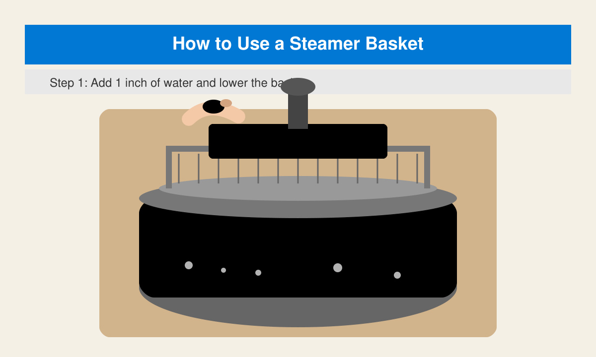 Close-up of a pot with one inch of boiling water and a steamer basket being lowered into place above the water line
