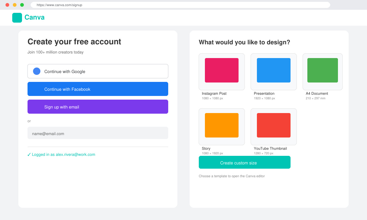 Close-up of Canva sign-up screen transitioning to the design size selection panel