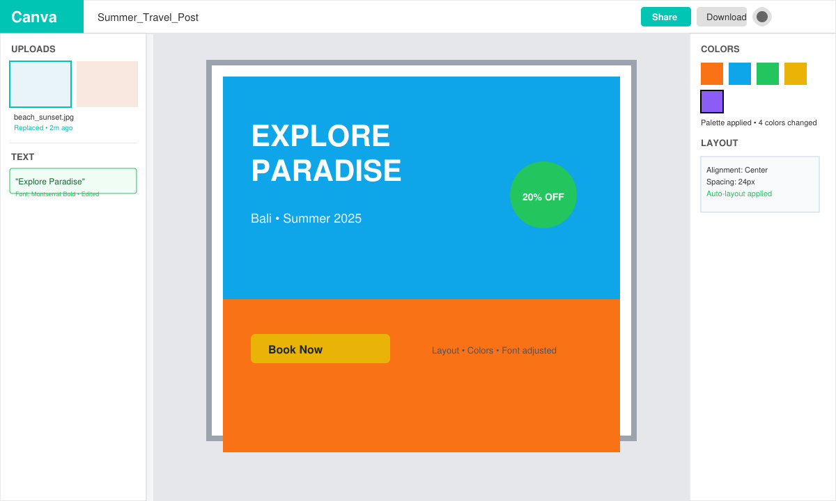 Finished Canva design in the editor showing customized text, swapped images, and color adjustments applied