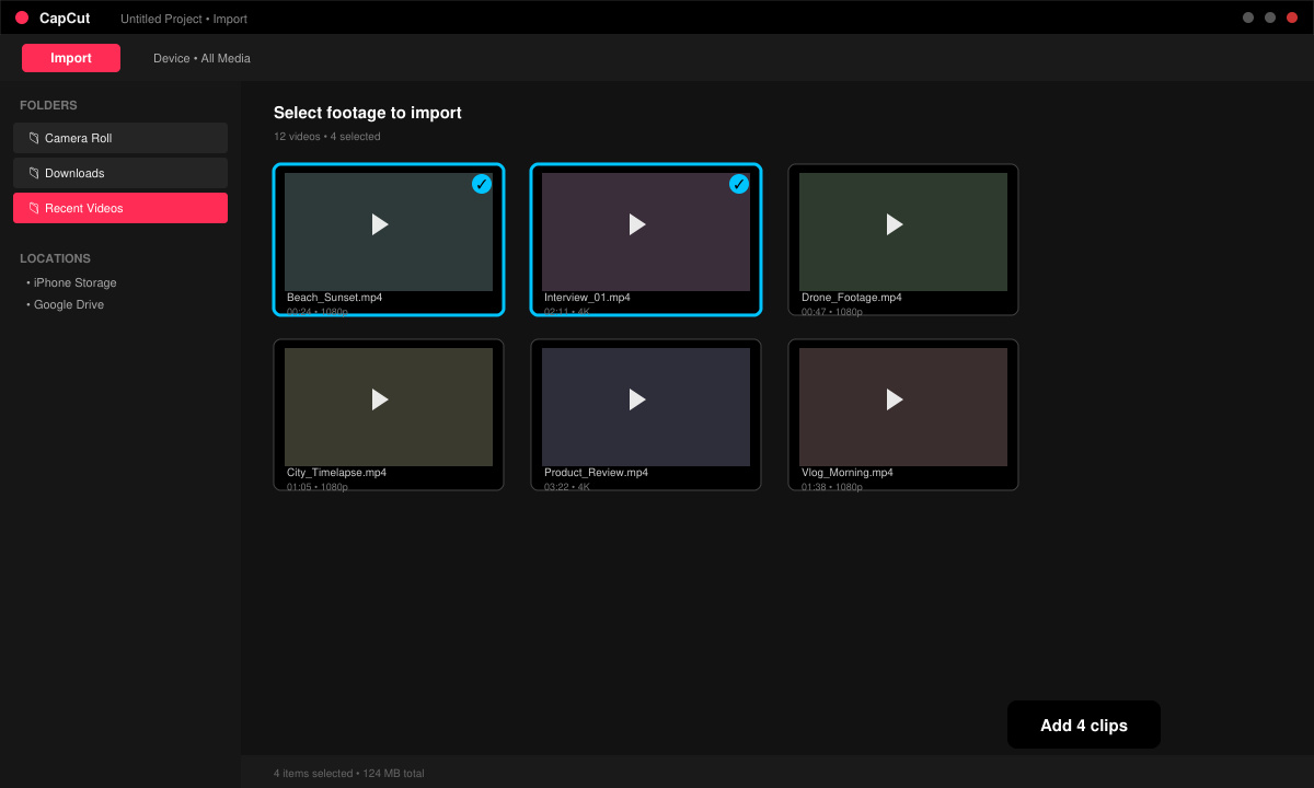 Screenshot of the import screen inside CapCut with selected video clips highlighted and the Add button visible
