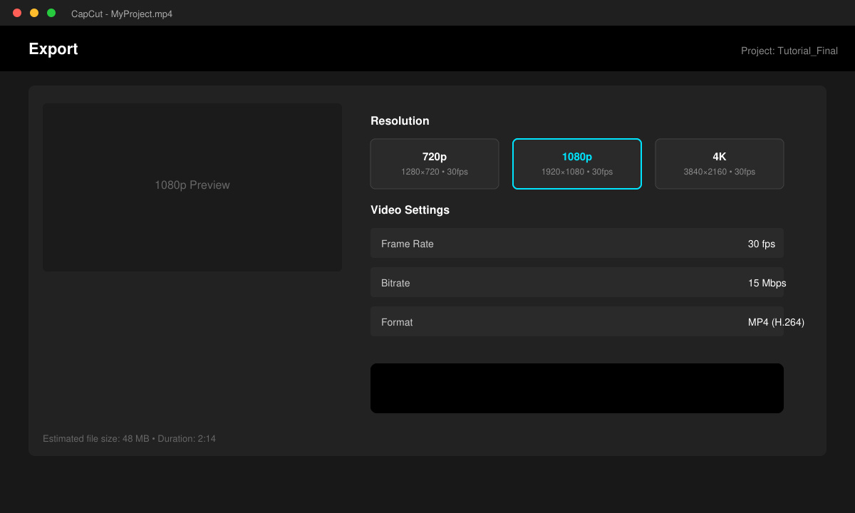 Final export screen in CapCut showing resolution options and the prominent Export button
