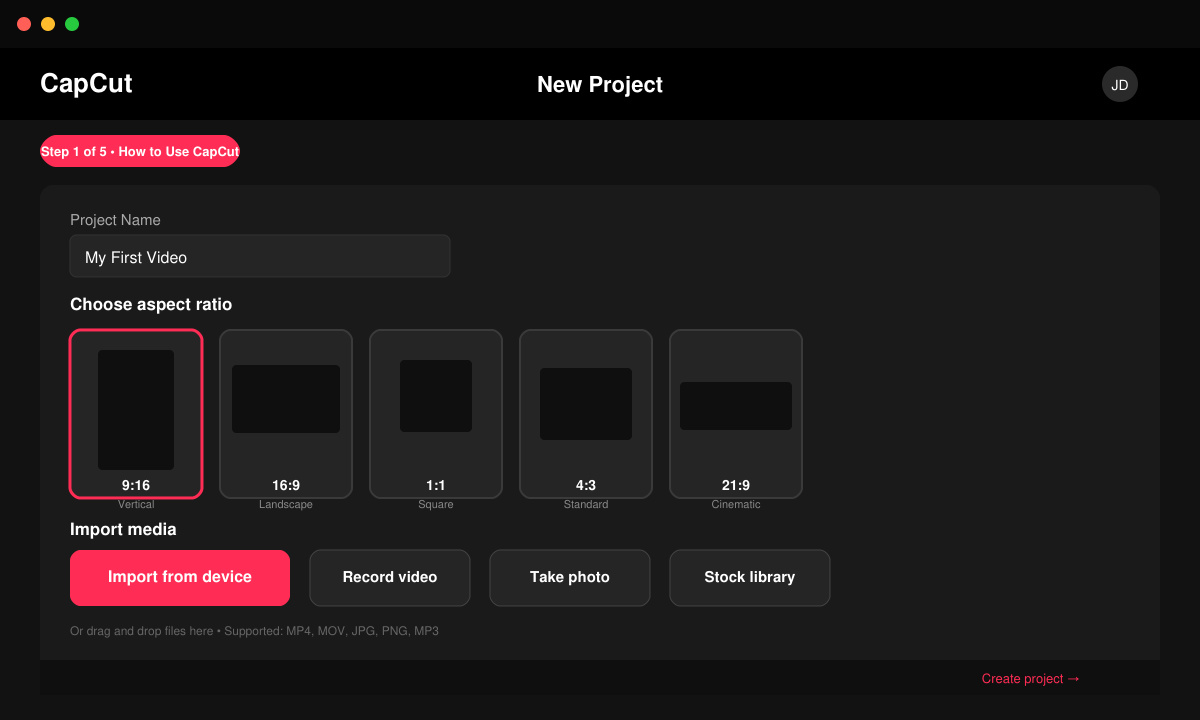 Screenshot of CapCut’s project creation screen with aspect ratio options and the New Project button