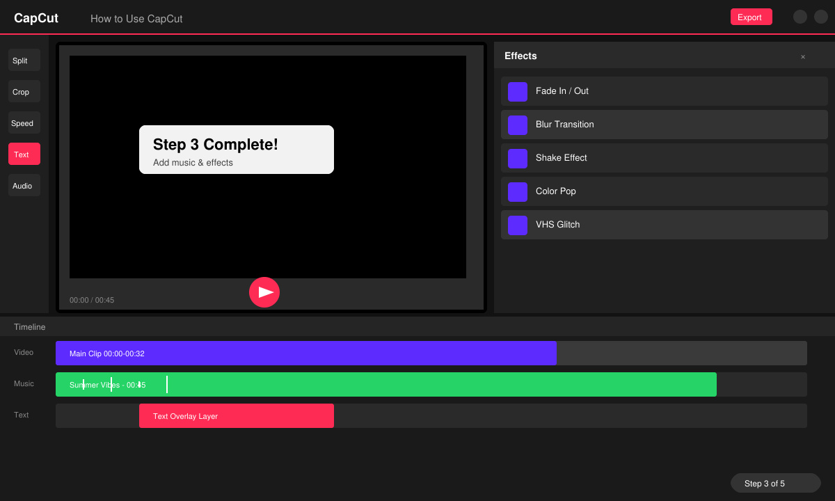 CapCut timeline view with music track added, text overlay on preview, and effects panel open