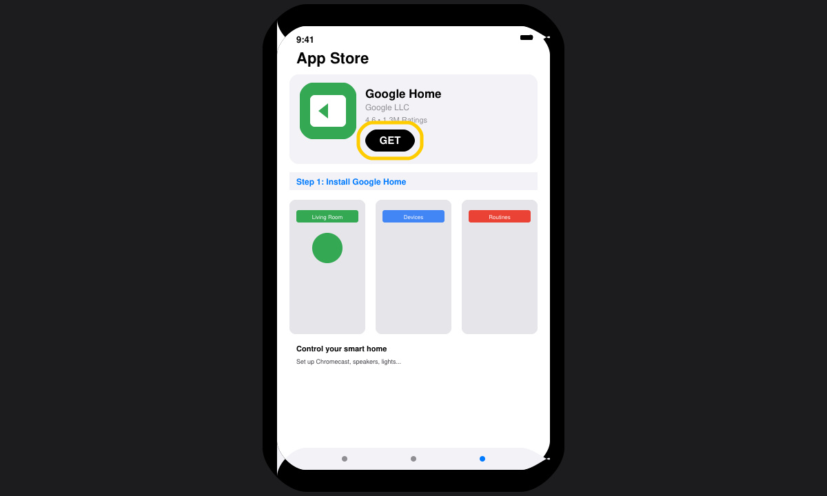 Screenshot of iPhone App Store page with Google Home app download button highlighted