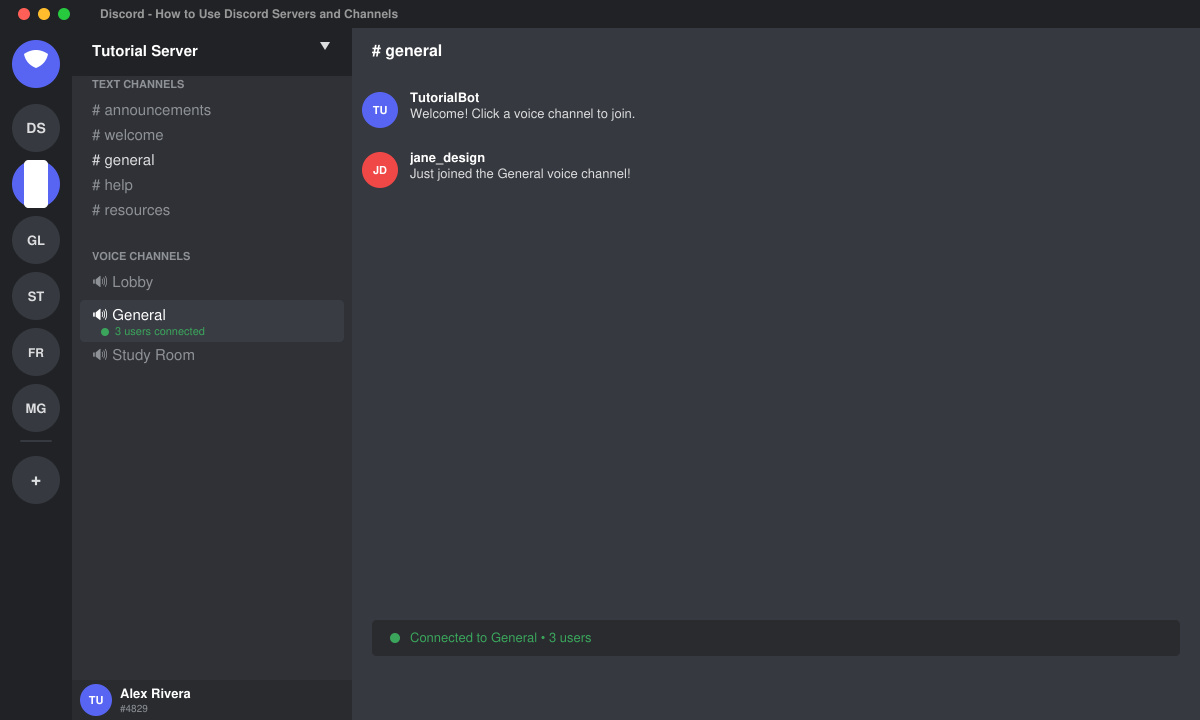 Close-up of Discord server sidebar with several joined servers listed, text channels expanded under one server, and an active voice channel highlighted