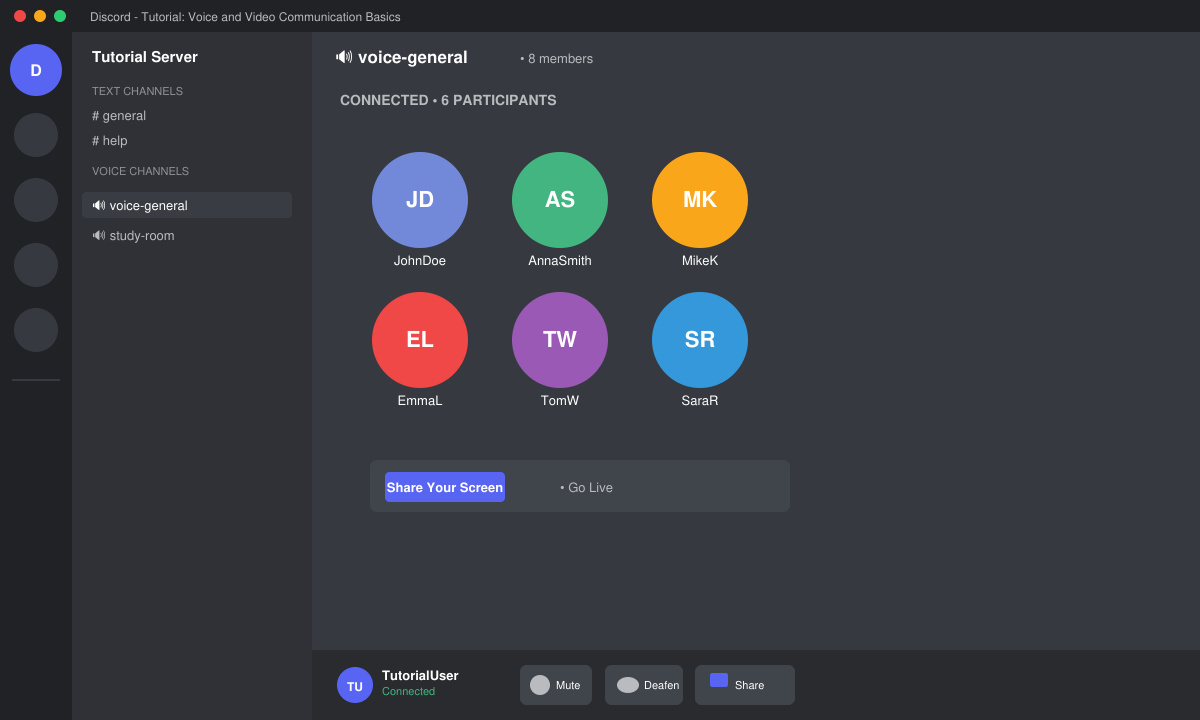 Screenshot of an active voice channel with participant avatars, mute and deafen buttons at the bottom, and the screen share option visible