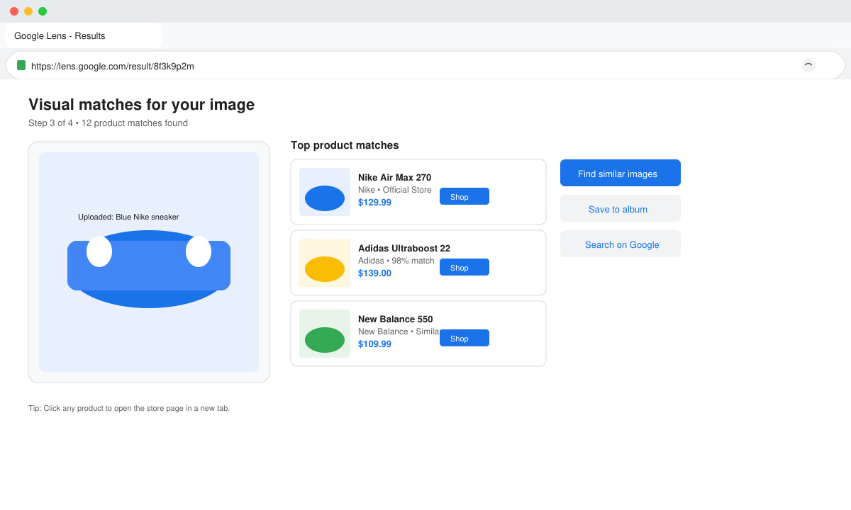 Chrome browser window displaying Google Lens results for an uploaded product photo with shopping and similar image options