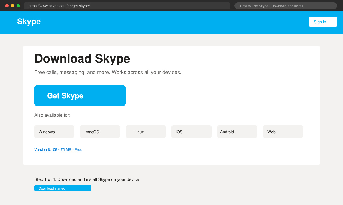 Download page on skype.com with the blue Get Skype button highlighted