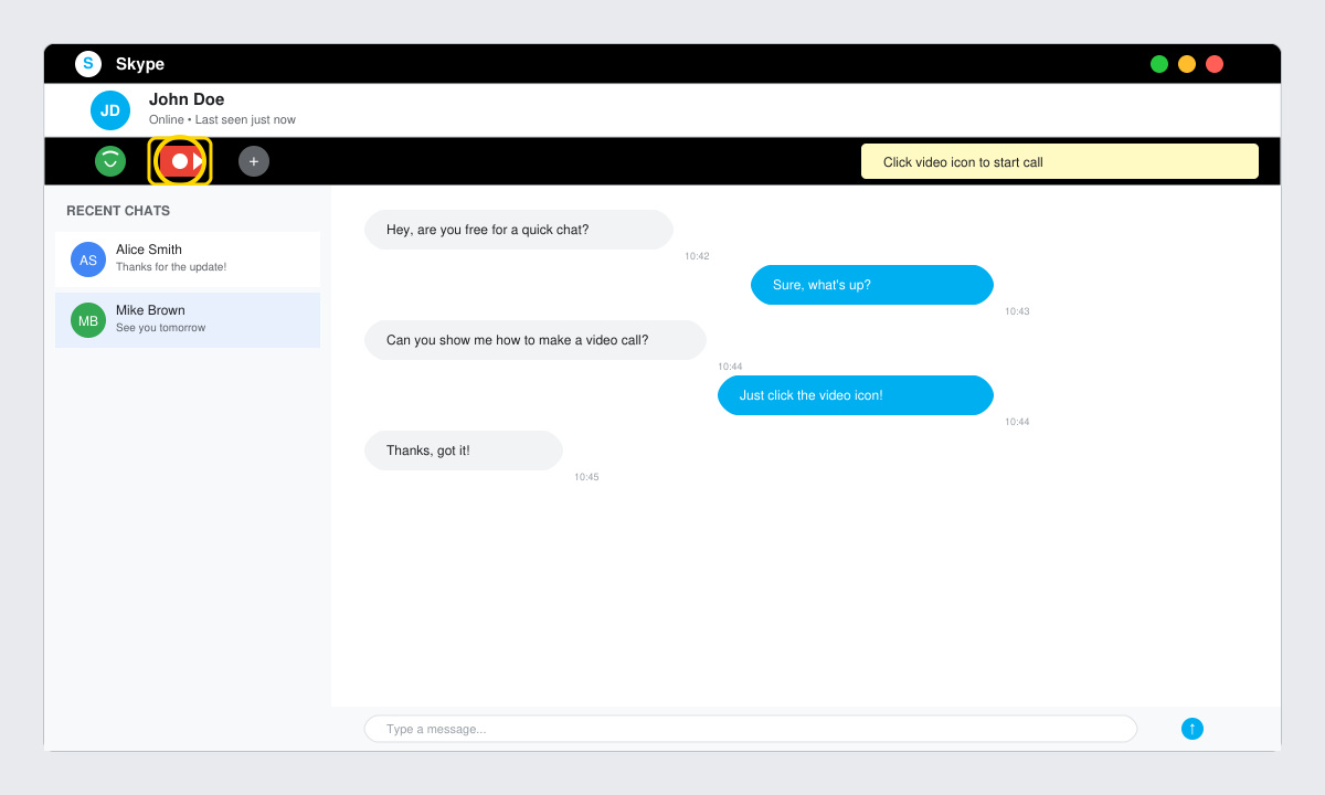 Skype chat window with the video call button clearly visible in the header