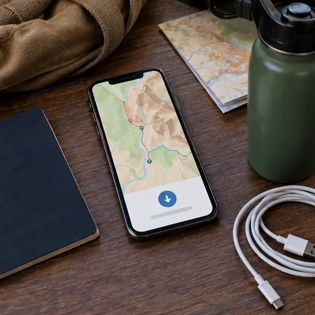Smartphone beside a paper map, water bottle, and charging cable while a traveler prepares an offline map