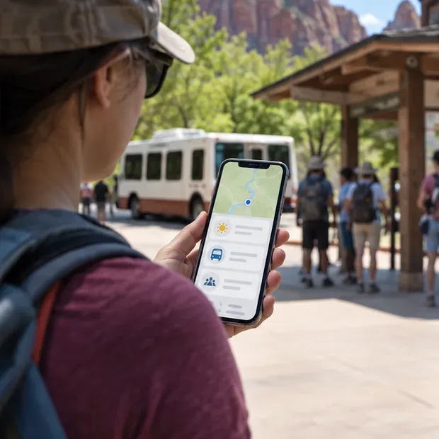 Traveler checking a phone near a shuttle stop with a map and general conditions view before boarding