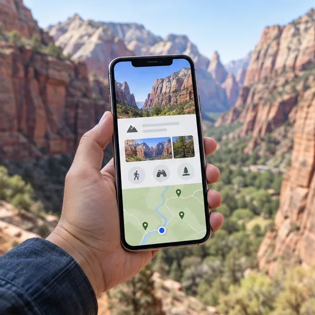 Traveler checking a park information and map view on a smartphone with Zion-like red rock scenery in the background