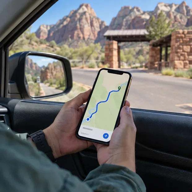 Traveler checking a simple offline road route from a parked vehicle near a desert park entrance