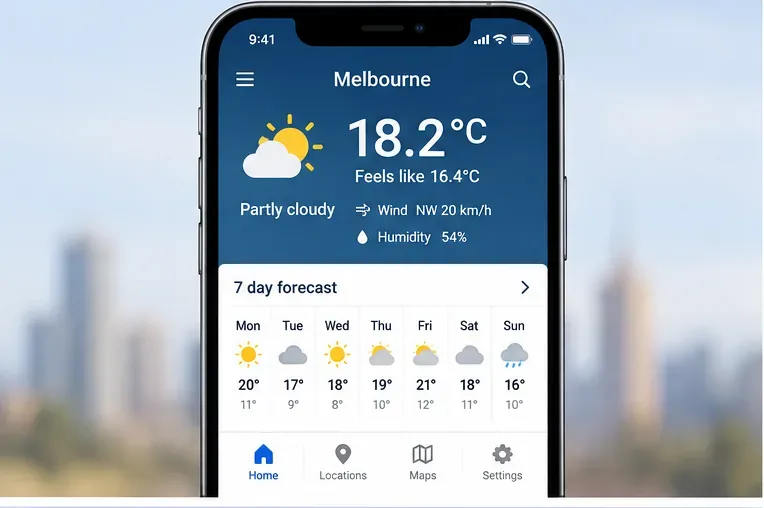 Illustrated mobile weather screen for Melbourne showing current temperature, feels-like temperature, wind, humidity, and a seven-day forecast.