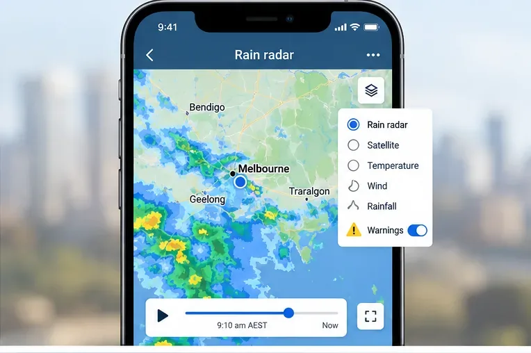 Illustrated mobile rain radar view centered on Melbourne with rain bands, a timeline control, and a warnings layer option.
