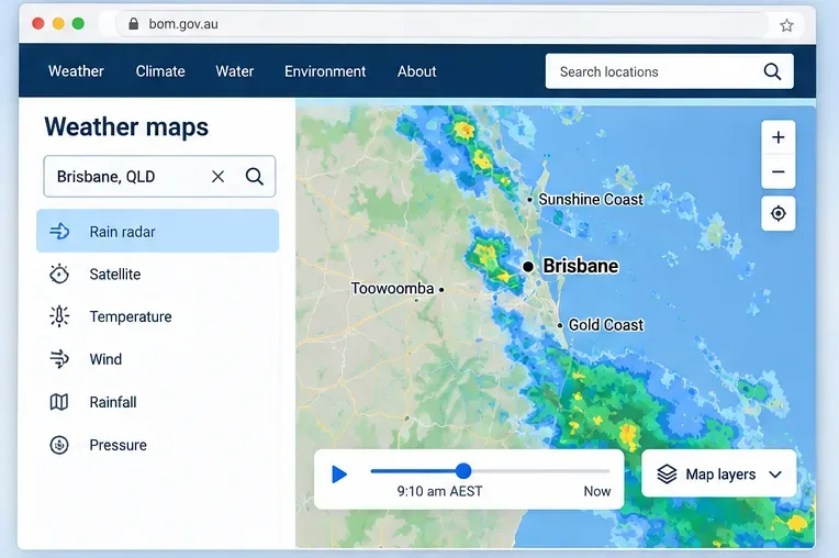 Illustrated desktop weather map centered on Brisbane showing a rain radar layer, nearby place names, map controls, and a time slider.