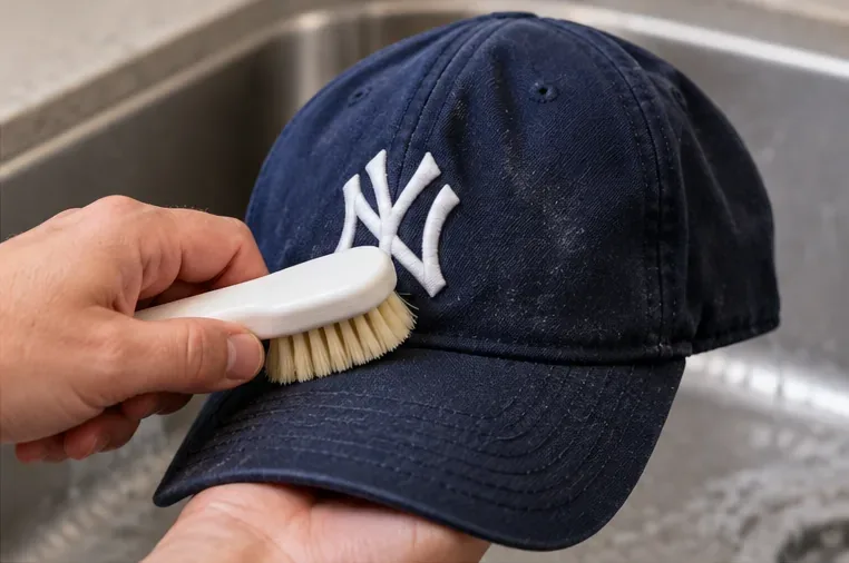 A hand using a soft white-bristled brush on the front and brim of a navy baseball cap over a sink