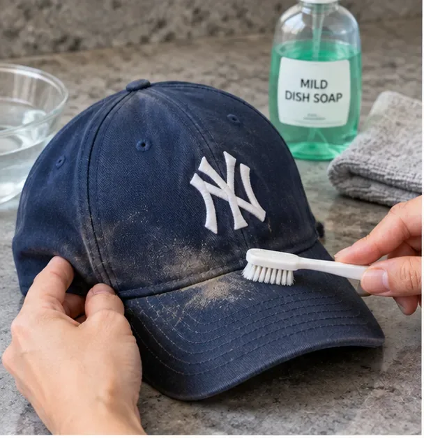 A visibly dusty navy baseball cap being brushed by hand beside a bowl of water, towel, and bottle of mild dish soap