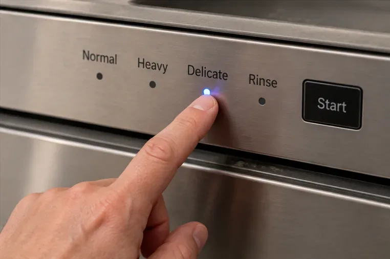 A finger selecting a Delicate setting on a stainless steel dishwasher control panel next to Normal, Heavy, Rinse, and Start