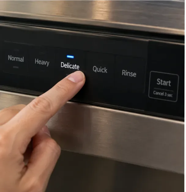 A finger selecting the illuminated Delicate option on a black dishwasher control panel with Quick and Rinse settings nearby