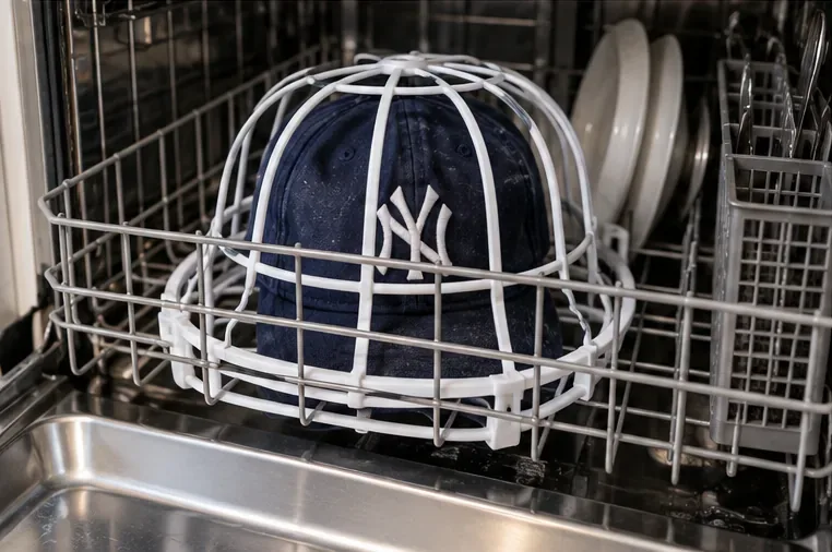 A navy baseball cap held in a white rigid frame inside a dishwasher rack