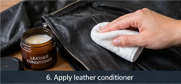 A white cloth applying a small amount of leather conditioner to a black leather jacket beside an open conditioner jar.