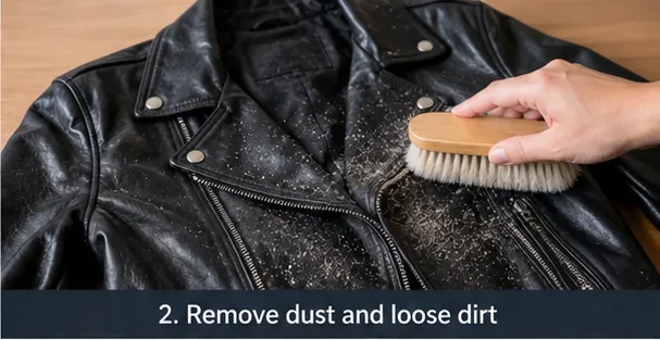 A soft-bristle brush being used gently on the surface of a black leather jacket to remove loose dust.