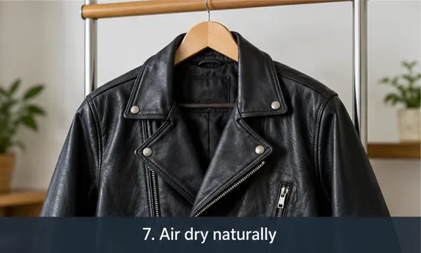 A black leather jacket hanging indoors on a wooden hanger to air dry away from direct heat.