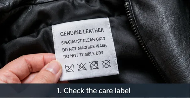 A close view of a black leather jacket care label warning against machine washing and tumble drying.