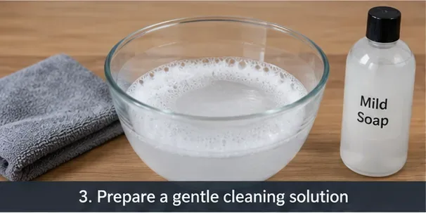 A bowl, soft cloth, and a bottle labeled mild soap arranged for leather cleaning.