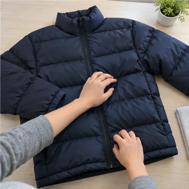 Hands gently fluffing and checking the loft of a fully dried dark navy puffer jacket laid flat on a table.