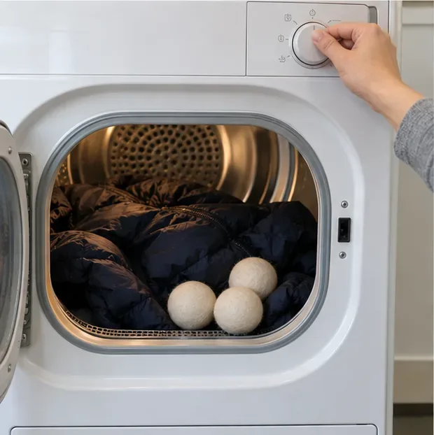 A dark puffer jacket inside a tumble dryer with three wool dryer balls while a hand turns the dryer control.