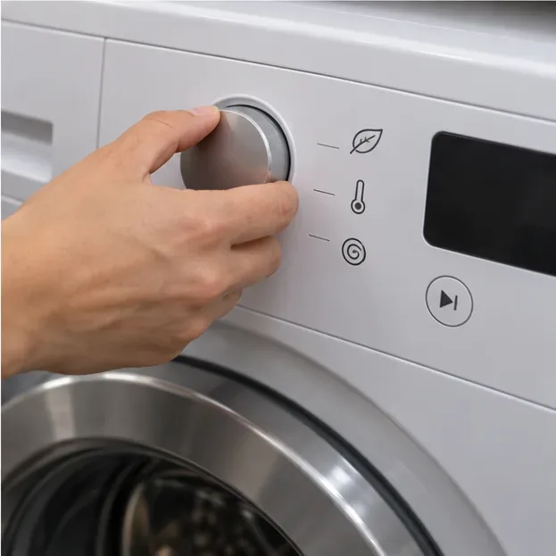 A hand selecting a gentle low-intensity washing-machine setting on a front-loader control panel.