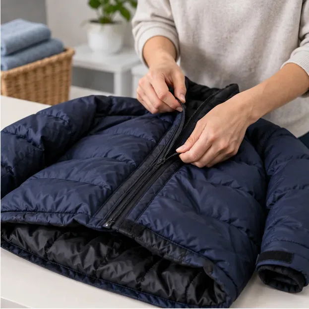 Hands closing the front zipper and fasteners on a dark navy puffer jacket on a laundry counter.