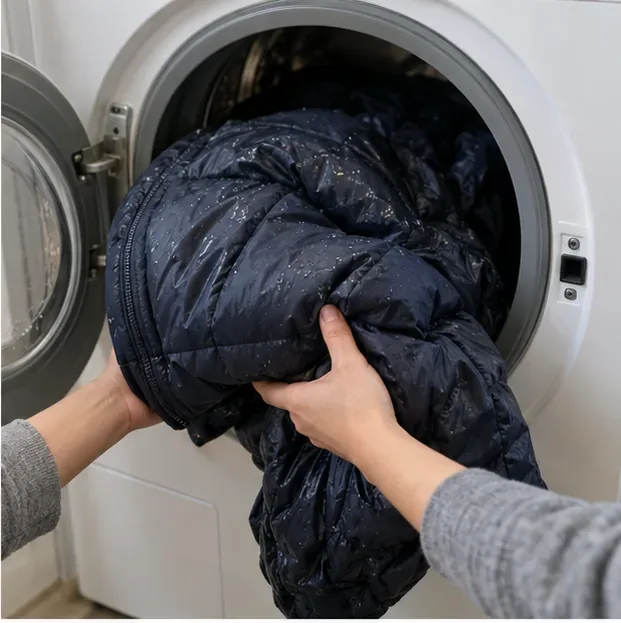 A soaked dark puffer jacket being supported with both hands as it is lifted from a front-loading washer.