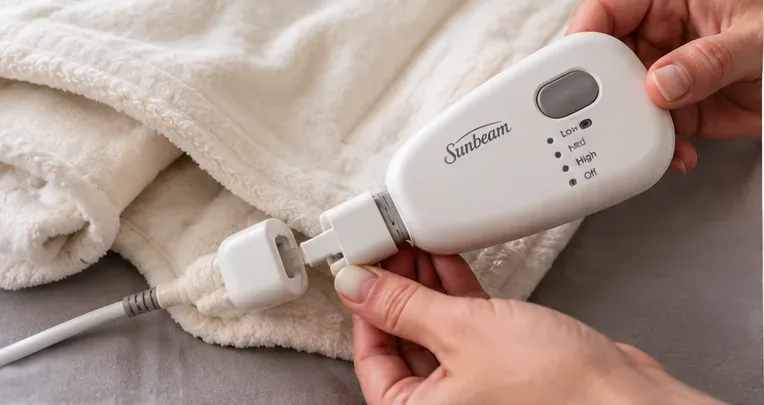 Hands detaching a removable electric blanket controller from the blanket connector before washing